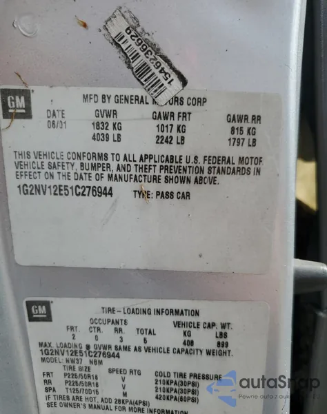 2001 Pontiac Grand Am Gt1 z USA, uszkodzony, nr VIN 1G2NV12E51C276944